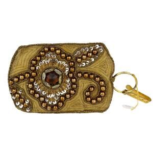 Vintage Metro Gold Brown‎ Beaded Embroidered Coin Purse Belt Hook Clutch Bag